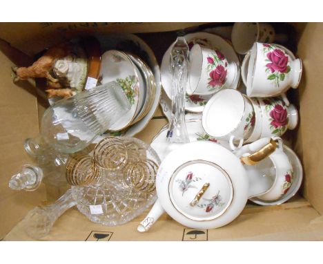 A box containing a quantity of ceramics and glassware including vintage Colclough bone china tea set, vases, etc.