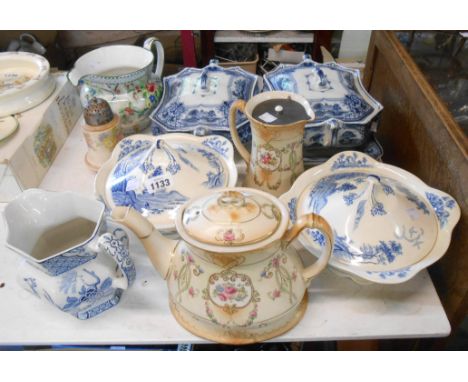 A quantity of ceramics including two blue transfer printed vegetable tureens (one with stand), Crown Devon style teapot and s