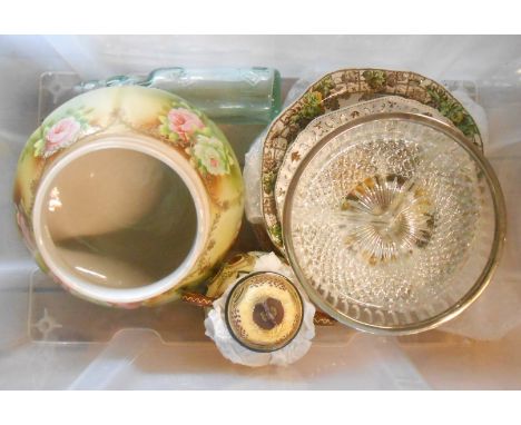A crate containing a quantity of ceramics including Limoges porcelain jardinière, old Codd's bottle with moulded mark for 'R.