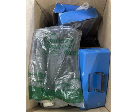 A box containing fishing equipment including fly tying materials, boxes of flies, fishhook, etc.