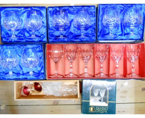 A box containing a quantity of boxed glassware including Edinburgh Crystal brandy balloons, etc.