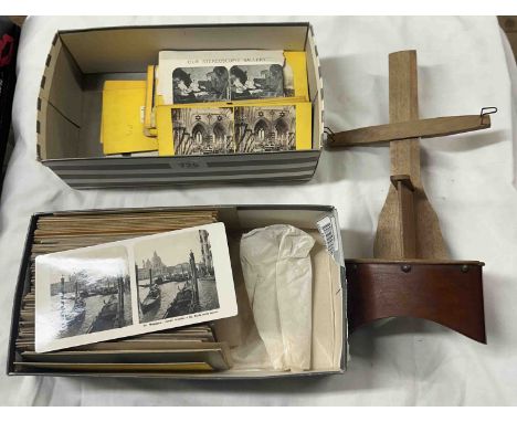 A wooden stereoscope and two boxes of mainly topographical slides