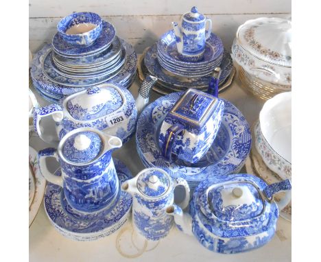 A quantity of blue transfer printed tableware including Spode Italian teapots, coffee pot, plates, George Jones 'Abbey' hot w