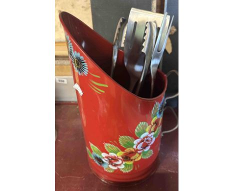 A red metal coal scuttle with hand painted folk art decoration - sold with three barbeque utensils