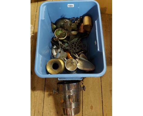 A crate containing a quantity of metalware including silver plated Mappin and Webb ice bucket, cloisonné lidded pot, etc.