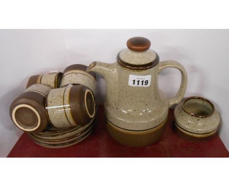 A vintage Korean pottery part coffee set with two-tone glaze finish comprising coffee pot, four cups and saucers and sugar bo