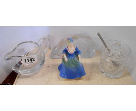 A Coalport bone china figurine 'Taking the Air' - sold with a glass slab paperweight with seal decoration, a glass jug and a 