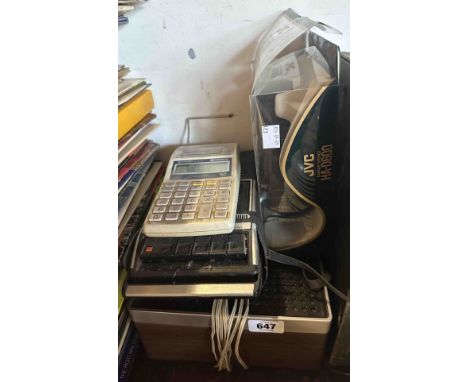 A Panasonic tape recorder, a vintage Sharp EL-1611E calculator and a pair of JVC HA-D600 headphones, etc.