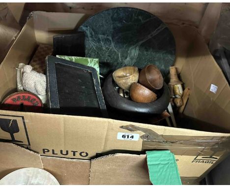 A box containing a quantity of collectable items including a green marble lazy susan, a set of miniature wooden cooking pots,
