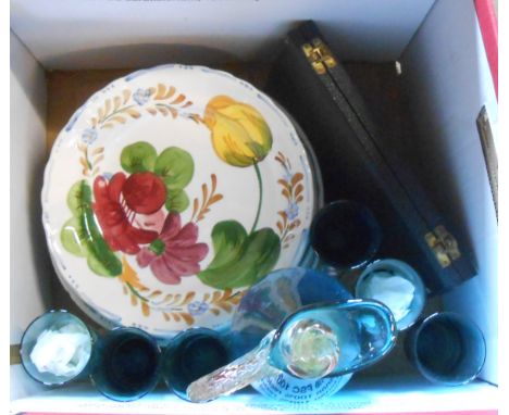 A box containing a quantity of ceramics and glassware comprising a vintage blue glass decanter of tall jug form with clear st