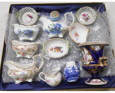 A box containing a quantity of bone china and porcelain items including Hammersley jugs, 19th Century Coalport style vase, et