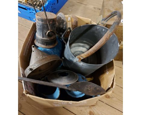 A box containing a quantity of metalware including enamel ware, old lamp, etc.