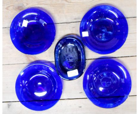Three Bristol Blue glass dishes - sold with a similar soap dish