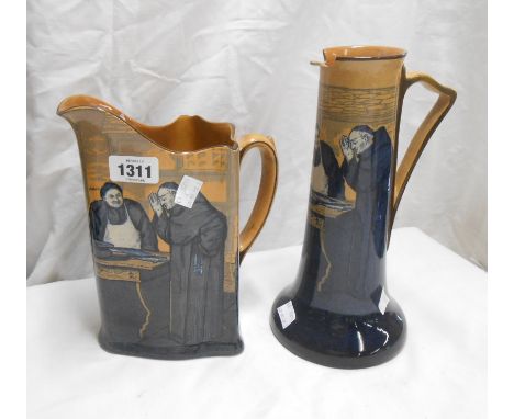 A Royal Doulton Series ware jug of helmet form decorated in the 'Monks in a Cellar' pattern - sold with a similar tall ewer -