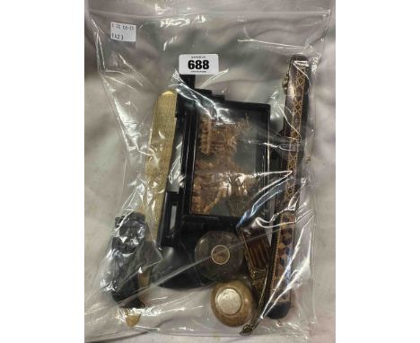 A Tunbridge ware page turner, two souvenir paper knives, a miniature grandfather clock ornament, etc.