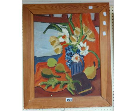 Mullie Brewer: a pine framed acrylic painting on board with heavy impasto, entitled 'A Vase of Flowers' - details verso
