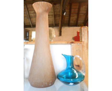 A Whitefriars glass jug in the 'kingfisher' colourway with an applied clear glass celery form handle - sold with a tall Art G