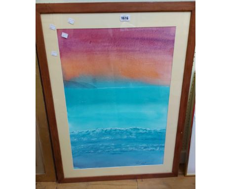 A pine framed large format watercolour, depicting a stylised seascape - indistinctly signed