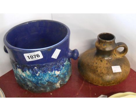 A vintage West German pottery small pail with blue 'Fat Lava' glaze effect - sold with a similar brown glazed Stein Keramik v