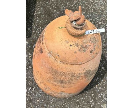 A terracotta rhubarb forcer with lid and bee finial