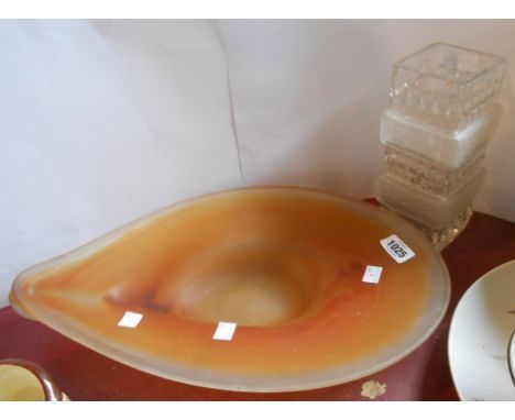 A mid 20th Century textured and frosted glass vase - sold with a freeform glass dish with internal amber decoration and a fro