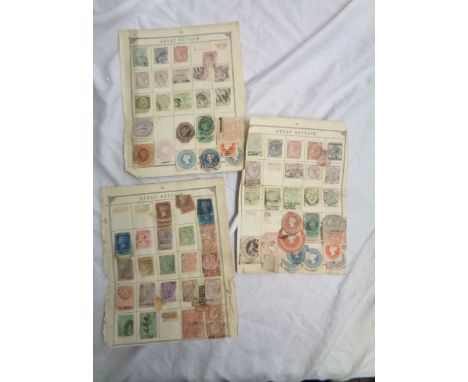 A bag containing a small quantity of loose stamp album leaves with hinge mounted Victorian GB stamps including Penny Reds, tw