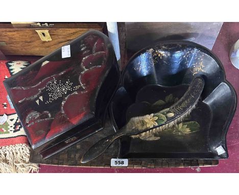 A novelty lacquered musical jewellery box in the form of a piano, a Victorian papier-mâché crumb tray and brush and a decorat
