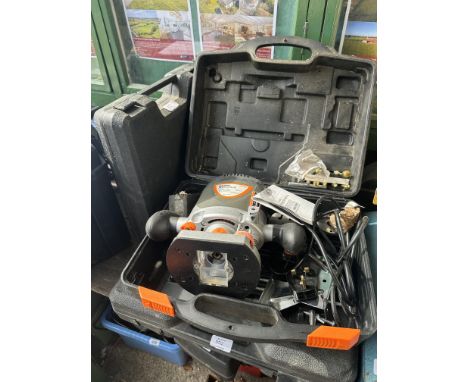 A Powerbase Xtreme 900W rotary hammer drill, an Xtreme MR5757 router and a cased Stanley socket set