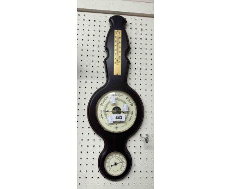A modern stained wood cased banjo barometer/thermometer with visible aneroid works, thermometer scale and hygrometer gauge