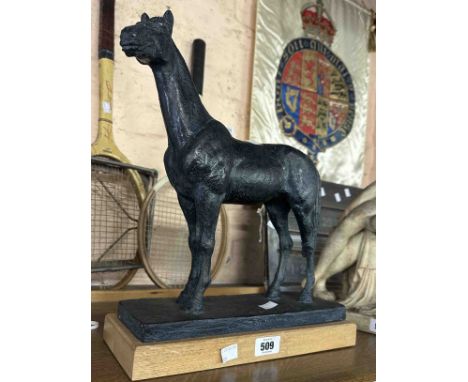 A vintage Austin bronze effect horse sculpture on wooden plinth - inscribed 'Marshall' to rear of base