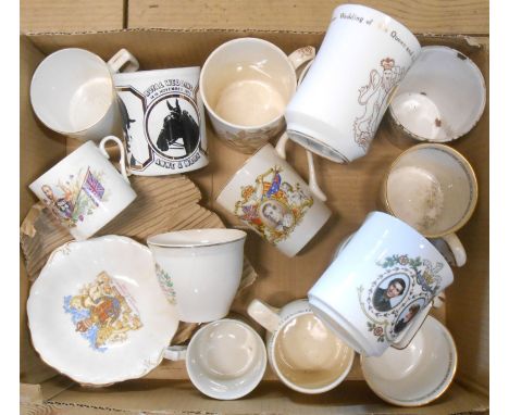 A box containing a quantity of Royal commemorative pottery mugs including Queen Victoria jubilee enamel tumbler, George V, et