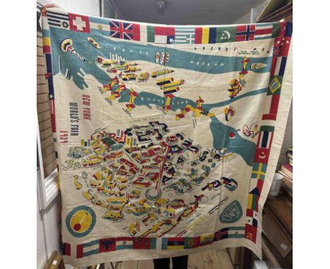 A large linen tablecloth or wall hanging made as a souvenir of the New York World's Fair in 1939 with coloured printed decora