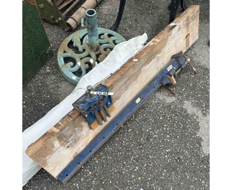 A Record No. 50 vice, mounted on wooden plank - sold with a Tull sash clamp