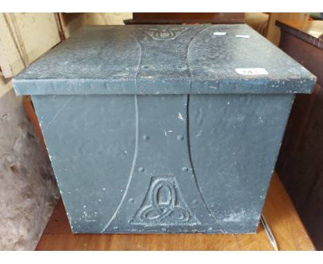 An early 20th Century steel clad coal box with beaten finish and embossed Celtic knot decoration