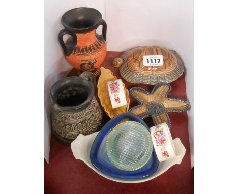 A quantity of ceramics and glassware including Wade Turtle form lidded trinket box, etc.