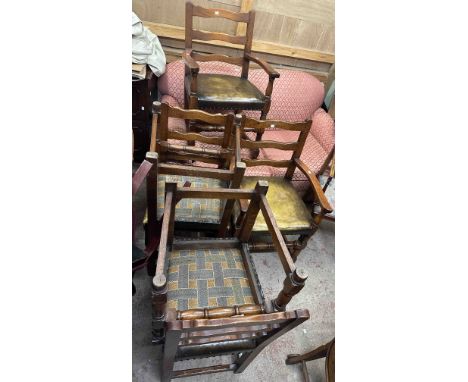 A set of six Brights of Nettlebed style reproduction oak framed ladder back dining chairs with leather seats, set on turned f
