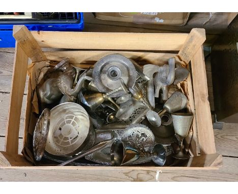 A wooden crate containing a quantity of assorted silver plated items and other metalware including goblets, etc.