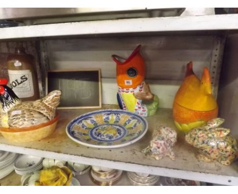 SHELF CONTAINING TWO EGG CROCKS - ONE BY BRIAN LOWNDS,BABBACOMBE TORQUAY, DECORATIVE JUGS &amp; RABBITS &amp; A STONE BOWLS J