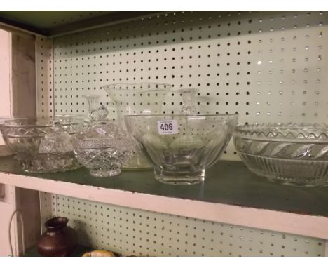 SHELF OF CUT GLASS BOWLS, CANDLESTICKS, VASES ETC