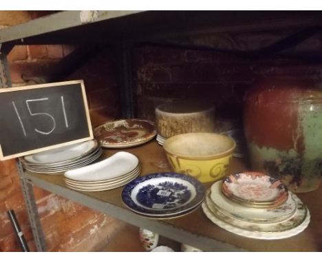 SHELF OF VARIOUS PLATES &amp; DISHES ETC.,