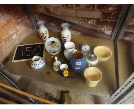 SHELF OF VARIOUS CHINAWARE INCL; SMALL BLUE DARTMOUTH POTTERY VASE &amp; SMALL DOMED CLOCK