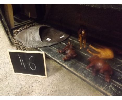 A SHELF WITH TWO ELEPHANTS, CAMELS &amp; ETHNIC WALL HANGER