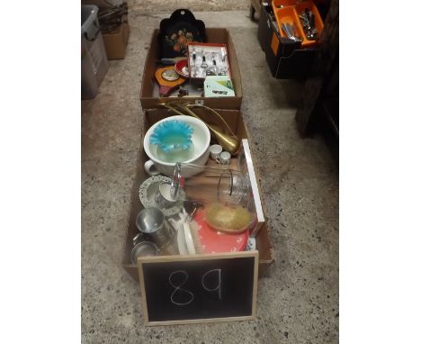 TWO CARTONS CONTAINING A CHAMBER POT, TWO BRASS VASES, RED CLOCK, PEWTER MUGS, COCKTAIL SERVING SET IN BOX &amp; OTHER BRIC-A