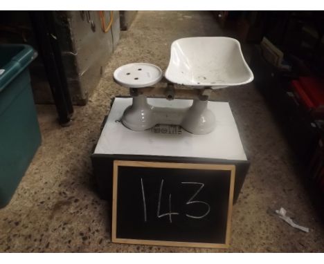 SET OF VINTAGE WHITE ENAMEL KITCHEN SCALES BY FJ THORNTON &amp; CO - LONDON &amp; B'HAM