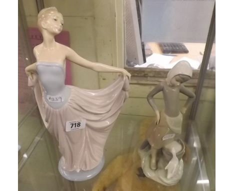 A LLADRO FIGURE OF A TALL GIRL IN GOWN &amp; ONE OTHER FIGURE - A MILK MAID WITH BUCKET &amp; DUCK