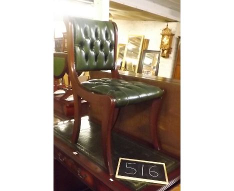 MODERN DARK WOOD PEDESTAL DESK WITH GREEN SKIVER &amp; MATCHING GREEN BUTTON BACK CHAIR