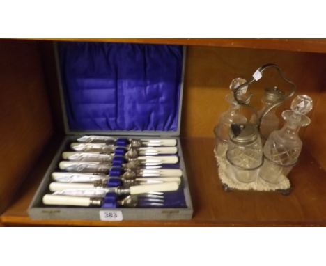 CASED SET OF FISH KNIVES &amp; FORKS &amp; A GLASS CONDIMENT SET ON SILVER PLATED STAND