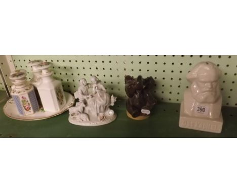 SHELF OF FOUR SAKE DECANTERS &amp; OTHER CHINA