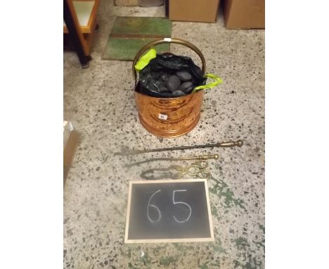 COPPER SWING HANDLED COAL BUCKER WITH FIRESIDE TOOLS &amp; A BAG OF COAL