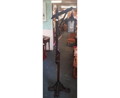 DARK WOOD ADJUSTABLE LAMP STANDARD WITH SQUARE LANTERN